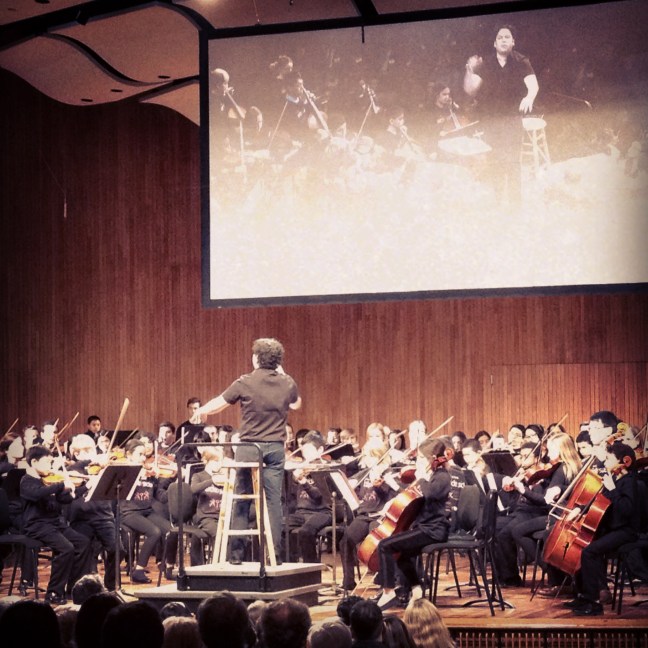 Gustavo Dudamel conducting the YOLA/Longy Side-by-Side orchestra in a rehearsal of Tchaikovsky's 5th Symphony at MIT's Kresge Auditorium.